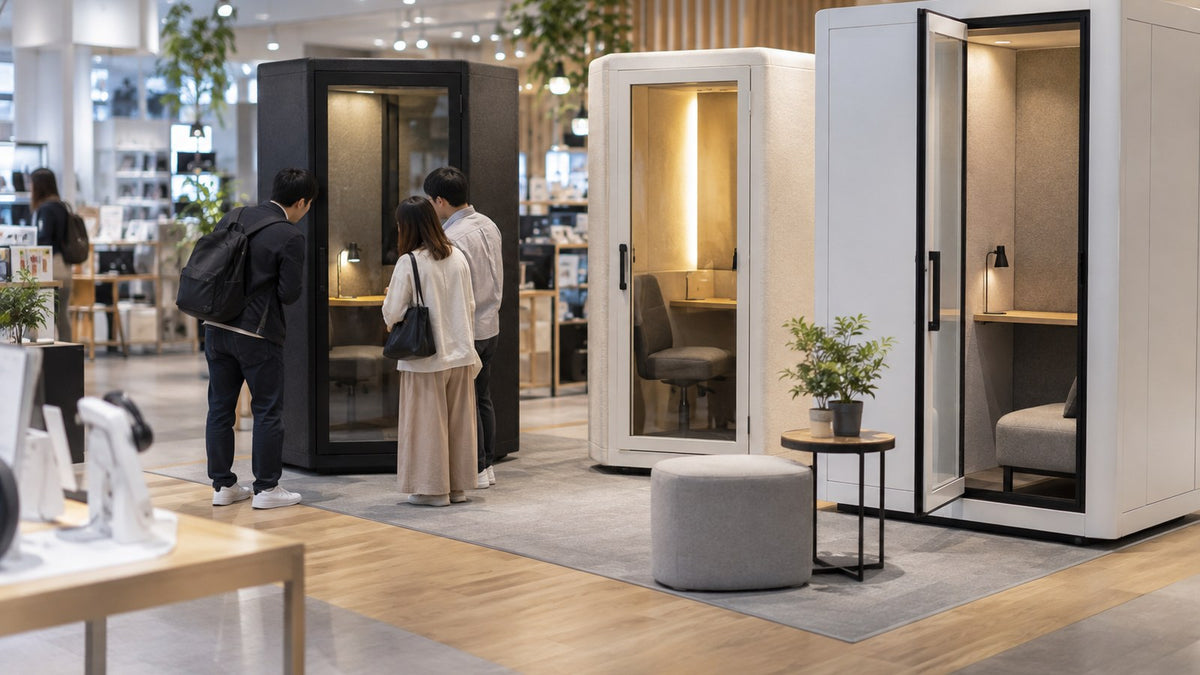 家電量販店の売場に並ぶ複数の防音ブース(イメージ)