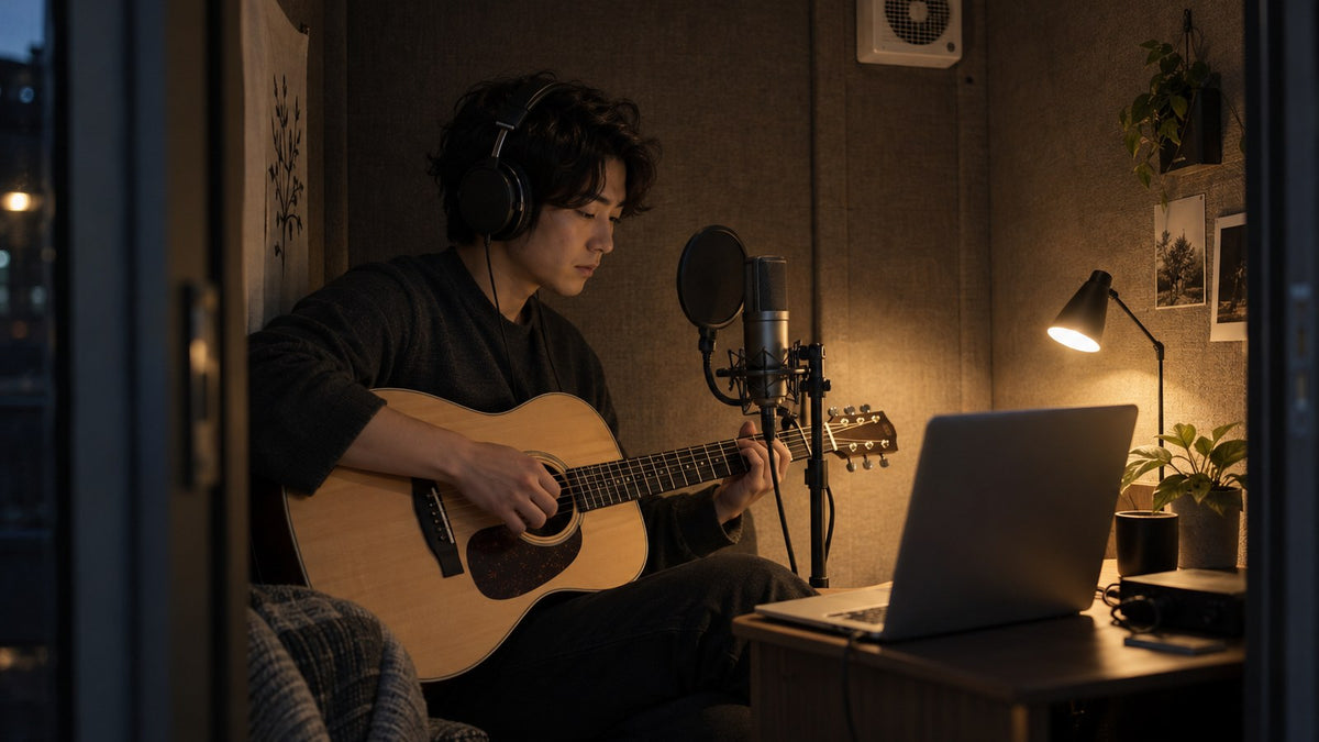 夜の防音ブースでギターを弾きながら録音する人(イメージ)