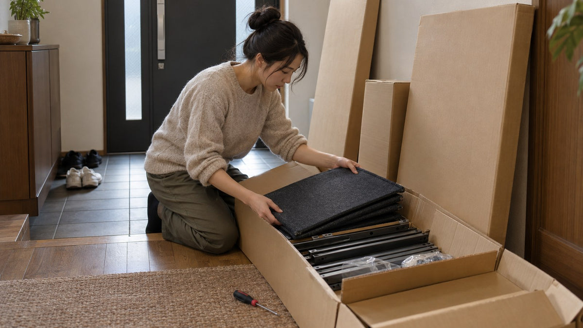 玄関に届いた防音ブースの部材の箱を開ける人(イメージ)