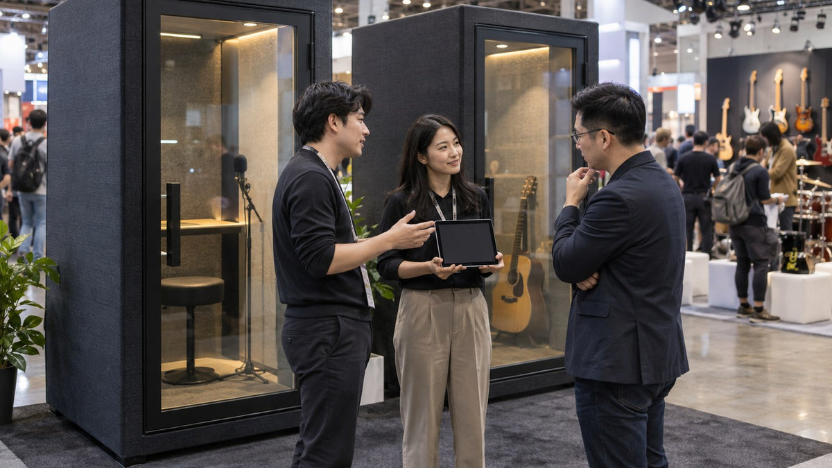 楽器見本市の防音ブース展示の前で話すビジネスパーソン（イメージ）